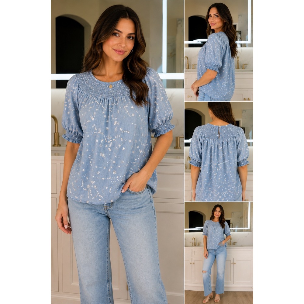 Sonoma Peasant Blouse Womens XL Blue Paisley Smocked Cotton Top - Picture 1 of 12